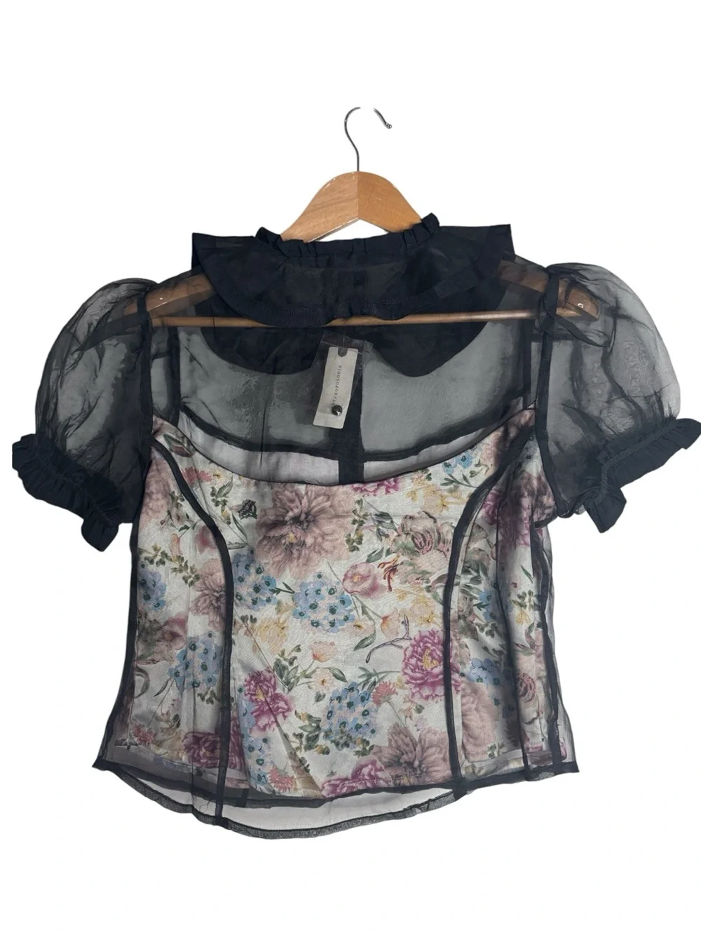 Anthropologie Maeve Organza Sheer  Button-Down Top Lined Floral Print Corset M